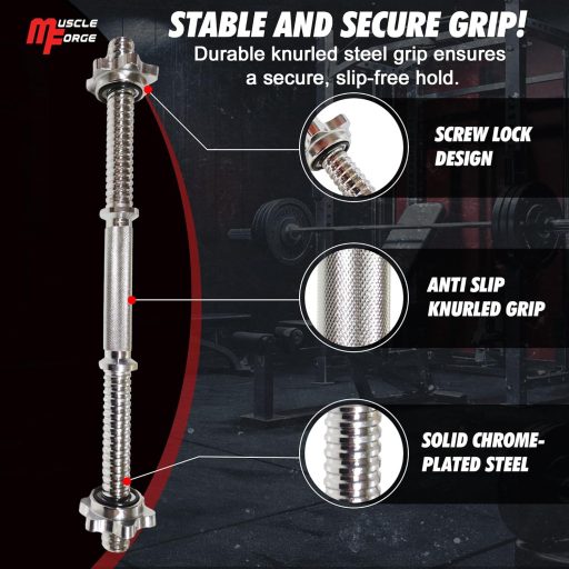 MuscleForge Jednoručná tyč na činky 45 cm - so skrutkovacím uzáverom, kompatibilná s 25 mm kotúčmi, vrúbkovaná oceľová rukoväť, nosnosť 250 kg, na domáce cvičenie