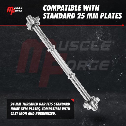 MuscleForge Jednoručná tyč na činky 45 cm - so skrutkovacím uzáverom, kompatibilná s 25 mm kotúčmi, vrúbkovaná oceľová rukoväť, nosnosť 250 kg, na domáce cvičenie