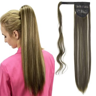   Cybelleza Príčesok na sponke konský chvost - 60 cm Rovné predlžovanie vlasov, 125g Popolavá blond a Tmavá blond farba, Hypoalergénne zahusťovanie vlasov pre ženy