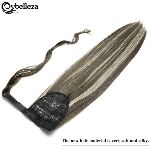 Cybelleza Príčesok na sponke konský chvost - 60 cm Rovné predlžovanie vlasov, 125g Popolavá blond a Tmavá blond farba, Hypoalergénne zahusťovanie vlasov pre ženy