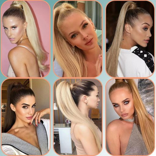 Cybelleza Príčesok na sponke konský chvost - 60 cm Rovné predlžovanie vlasov, 125g Popolavá blond a Tmavá blond farba, Hypoalergénne zahusťovanie vlasov pre ženy