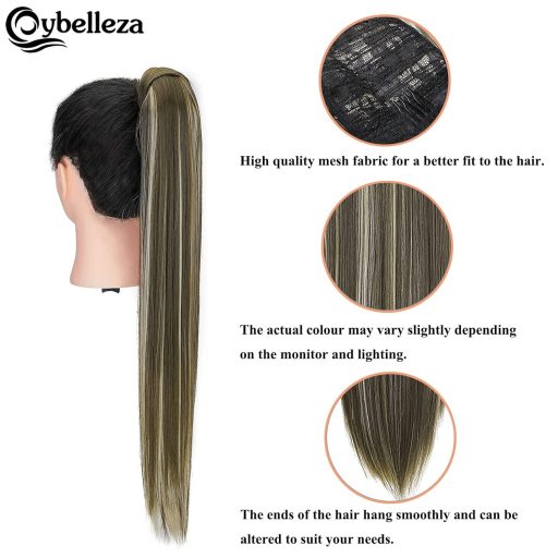 Extensie de păr coadă de cal cu clips Cybelleza - 60 cm Extensie de păr drept, 125g Blond Cenușiu și Blond Închis, Volumizare hipoalergenică pentru păr, pentru femei