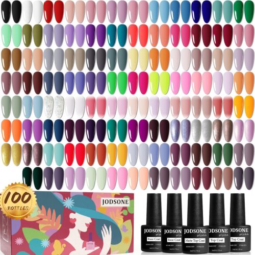 JODSONE 100 Darabos Gél Körömlakk Készlet - 95 Szín, Alap és Fedőlakk, Matt és Fényes Változat, UV/LED Lámpával Kompatibilis, Manikűr Szett