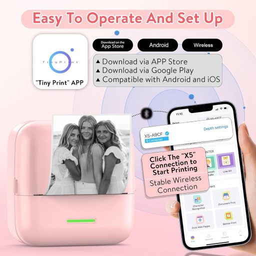 Mini imprimantă foto HuiJuKeJi pentru smartphone, imprimantă termică portabilă pentru stickere și jurnal, roz