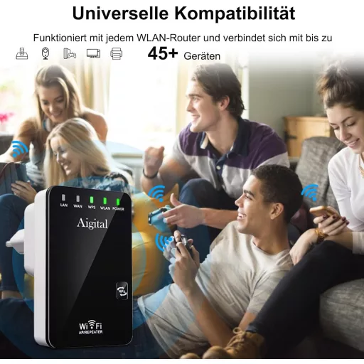 Wodgreat WiFi Jelismétlő 300 Mbit/s - Vezeték Nélküli Jelerősítő LAN Csatlakozással, WPS Funkcióval, 340m² Lefedettség, 45+ Eszköz Támogatás