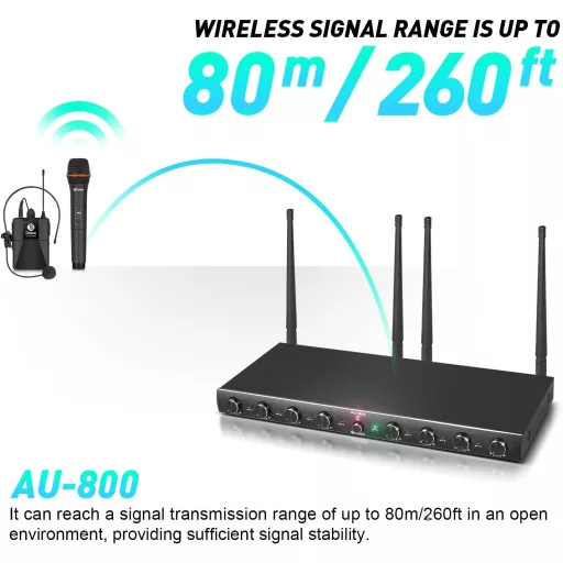 Sistem de microfoane wireless UHF Debra Audio AU800 Pro cu 8 canale, 8 microfoane tip lavalier, receptor metalic - Karaoke, Evenimente, Biserică