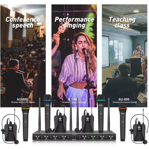 D Debra Audio AU800 Pro UHF 8 Csatornás Vezeték Nélküli Mikrofon Rendszer, 8 Testmikrofonnal, Fém Vevőegységgel - Karaoke, Rendezvény, Egyhá