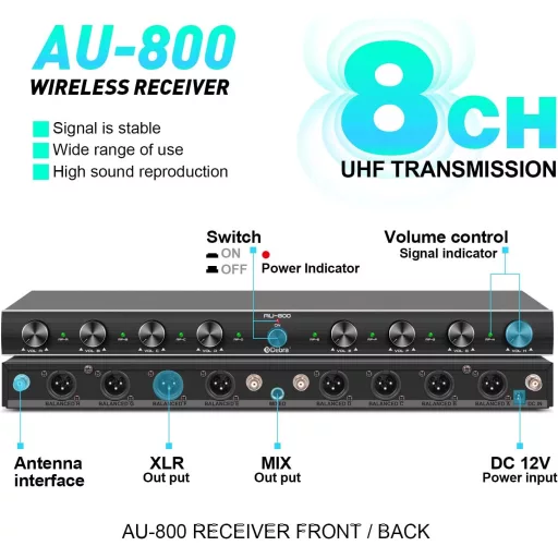 D Debra Audio AU800 Pro UHF 8 Csatornás Vezeték Nélküli Mikrofon Rendszer, 8 Testmikrofonnal, Fém Vevőegységgel - Karaoke, Rendezvény, Egyhá