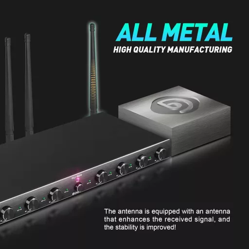 D Debra Audio AU800 Pro UHF 8 Csatornás Vezeték Nélküli Mikrofon Rendszer, 8 Testmikrofonnal, Fém Vevőegységgel - Karaoke, Rendezvény, Egyhá