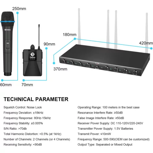 Sistem de microfoane wireless UHF Debra Audio AU800 Pro cu 8 canale, 8 microfoane tip lavalier, receptor metalic - Karaoke, Evenimente, Biserică