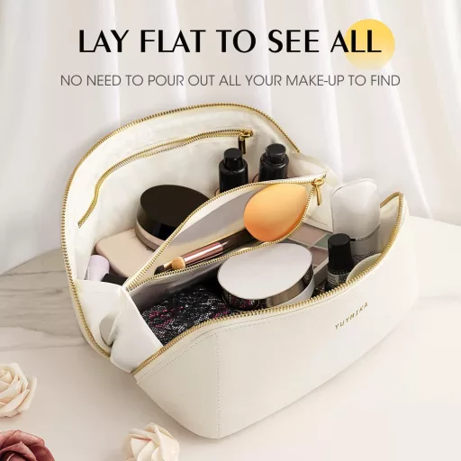 YUYMIKA Biely cestovný kufor na make-up pre ženy - Vodotesná kozmetická taška z PU kože s priehradkami