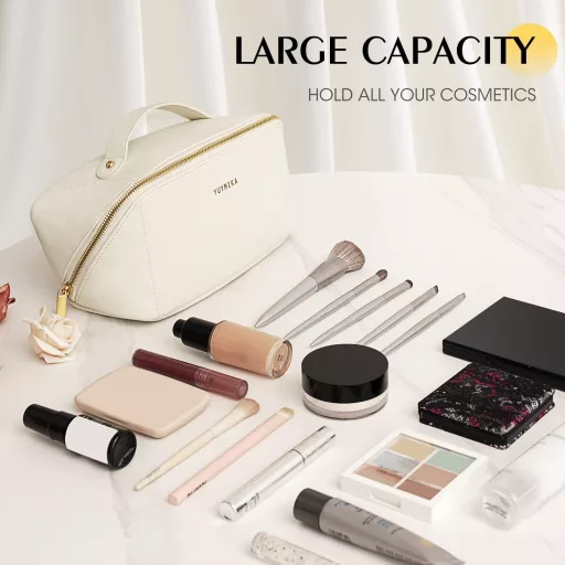 YUYMIKA Biely cestovný kufor na make-up pre ženy - Vodotesná kozmetická taška z PU kože s priehradkami