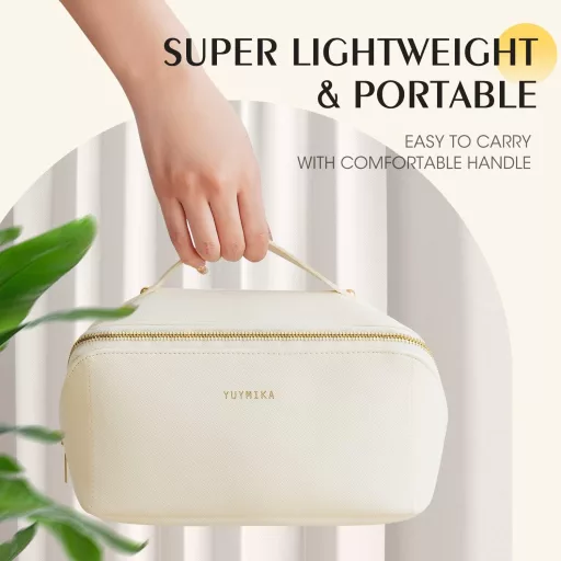 YUYMIKA Biely cestovný kufor na make-up pre ženy - Vodotesná kozmetická taška z PU kože s priehradkami