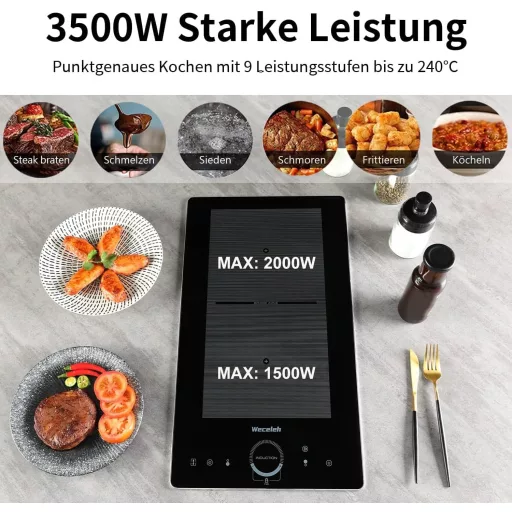 Weceleh 2 égős beépíthető indukciós főzőlap, érintésvezérlés, gyerekzár, 28cm, 3500W
