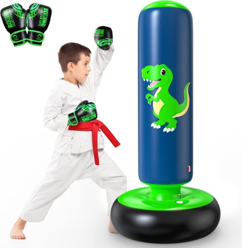 QPAU Felfújható Boxzsák Gyerekeknek 3-8 Éves Korig - Álló Edzőzsák Karate, Taekwondo, MMA Gyakorlásához - Kék PVC Anyagú Boksz Szett Kesztyű