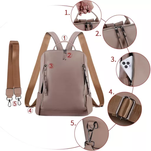 HAWEE Rucsac de damă, piele PU, antifurt, impermeabil, pentru școală, geantă de umăr, kaki