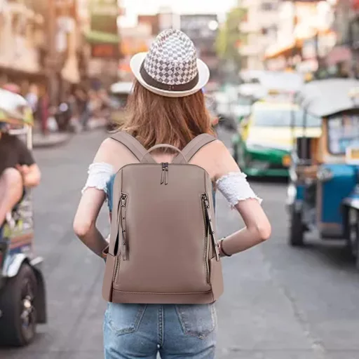 HAWEE Rucsac de damă, piele PU, antifurt, impermeabil, pentru școală, geantă de umăr, kaki