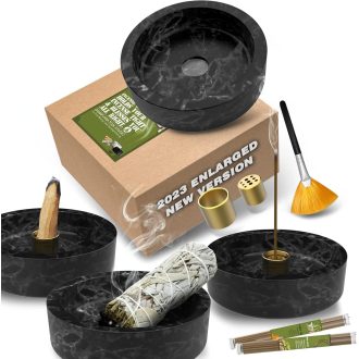   Damaflawa márványos füstölőtartó fekete, nagy füstölőkúp és pálcatartó hamuleválasztóval