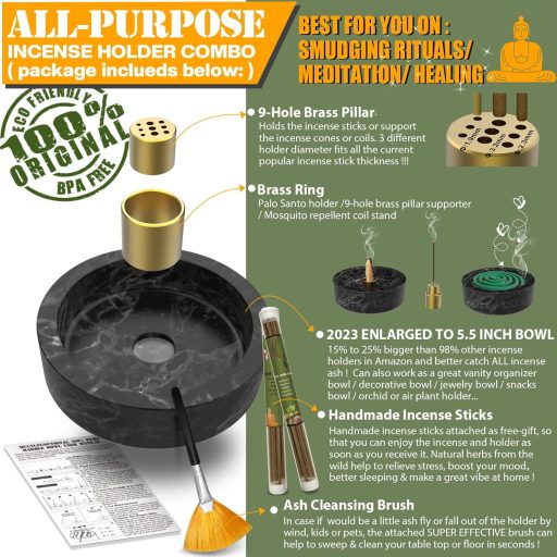 Suport pentru tămâie Damaflawa cu aspect de marmură, negru, suport mare pentru conuri și bețișoare de tămâie cu separator de cenușă