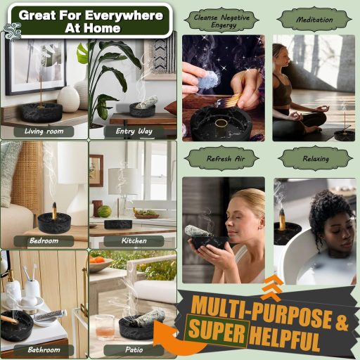 Suport pentru tămâie Damaflawa cu aspect de marmură, negru, suport mare pentru conuri și bețișoare de tămâie cu separator de cenușă