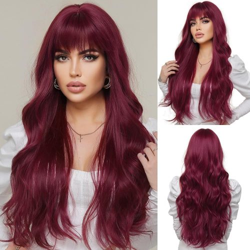 OUFEI Dlhá vlnitá dámska parochňa - Bordová červená, prirodzene vyzerajúca, žiaruvzdorné syntetické vlasy, 28 cm - Na každodenné nosenie, párty, cosplay udalosti
