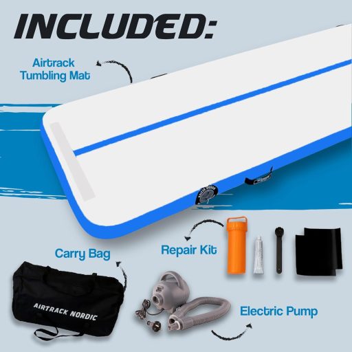 AirTrack Nordic Nafukovacia gymnastická podložka ‎600 x 100 x 10 cm - Modrá PVC vzduchová podložka s pumpou na gymnastiku, jogu, domáce cvičenie - Odolná, ľahko prenosná