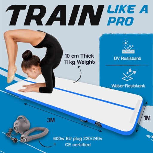 AirTrack Nordic Felfújható Tornaszőnyeg ‎600 x 100 x 10 cm - Kék PVC Légszőnyeg Pumpával Tornához, Jógához, Otthoni Edzéshez - Tartós, Könnyen Hordozható
