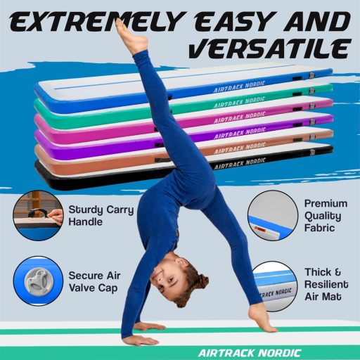 AirTrack Nordic Felfújható Tornaszőnyeg ‎600 x 100 x 10 cm - Kék PVC Légszőnyeg Pumpával Tornához, Jógához, Otthoni Edzéshez - Tartós, Könnyen Hordozható