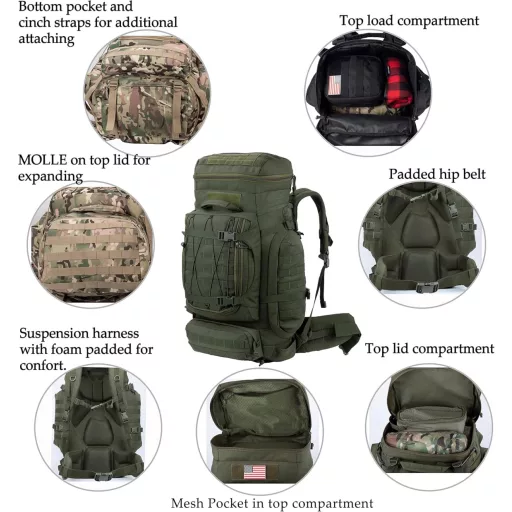 BACKFERRY Nagy Katonai Hátizsák 80L - Taktikai Túrazsák Terepszínű Kivitelben - Kemping, Túrázás, Bushcraft Kalandokhoz - Unisex Hátizsák