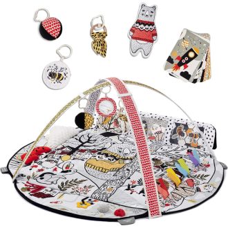   Kinderkraft EDUMEE Babajáték Szőnyeg Kontrasztos Mintákkal, 4 Érzékszervek Zónája, Állítható Ívek és 12 Fejlesztő Kártya