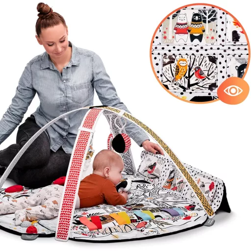 Kinderkraft EDUMEE hracia deka pre bábätká s kontrastnými vzormi, 4 zóny pre rozvoj zmyslov, nastaviteľné oblúky a 12 vývojových kariet