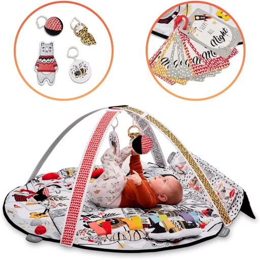 Kinderkraft EDUMEE hracia deka pre bábätká s kontrastnými vzormi, 4 zóny pre rozvoj zmyslov, nastaviteľné oblúky a 12 vývojových kariet