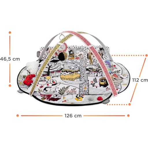 Kinderkraft EDUMEE hracia deka pre bábätká s kontrastnými vzormi, 4 zóny pre rozvoj zmyslov, nastaviteľné oblúky a 12 vývojových kariet