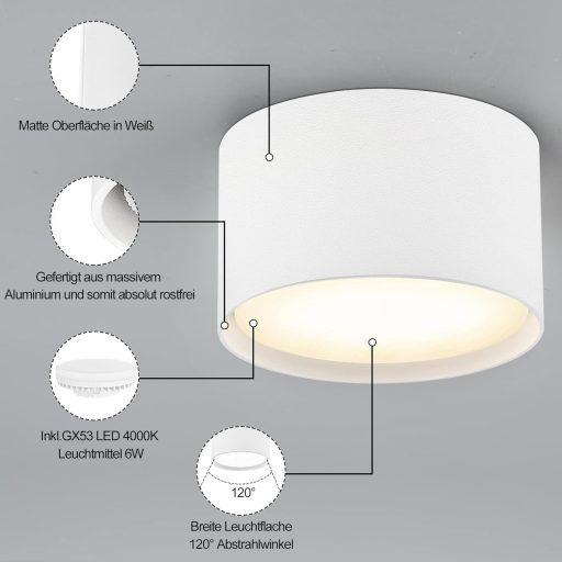 BOYIR LED Spot încastrat GX53 6W Alb Cald 3000K Rotund Aluminiu Lampă de Plafon
