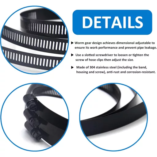 BESTYCHAO Set 2 coliere de fixare pentru țeavă, 8 inch, din oțel inoxidabil, cu melc, reglabile, negru