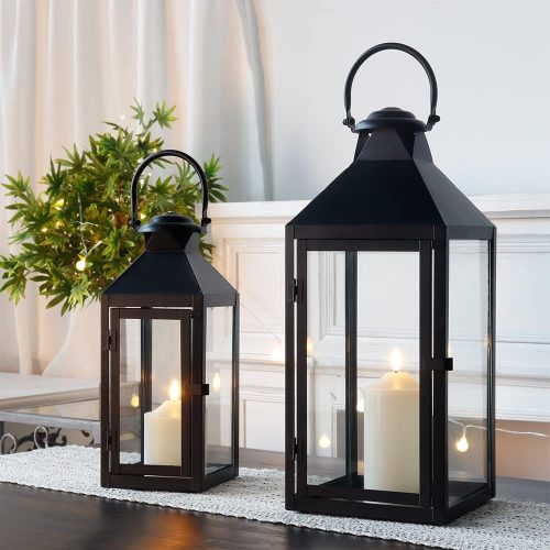 Sada čiernych dekoratívnych lampášov JHY DESIGN - 44,5 cm a 24 cm vysoké, kovové lampáše vo vintage štýle na vnútorné a vonkajšie použitie