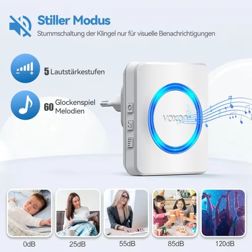 Sonerie Wireless VOXON cu Rază de Acțiune de 400m - Sonerie IP65 Rezistentă la Apă cu 2 Receptoare, LED Intermitent, 5 Niveluri de Volum, 60 de Melodii