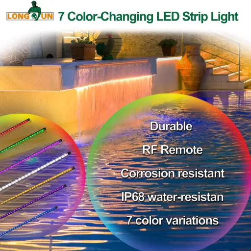 Bandă LED Impermeabilă Longrun IP68 pentru Piscină - Iluminare cu 7 Culori Controlată prin Aplicație și Telecomandă - Pentru Acvariu, Fântână Arteziană, Bazin de Înot