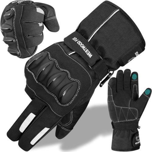 Mănuși Moto WESTWOOD FOX Thinsulate Impermeabile, Compatibile cu Ecran Tactil, Negre - Mănuși de Iarnă Călduroase, Rezistente la Vânt, din Piele, pentru Motocicletă, Mărimea S
