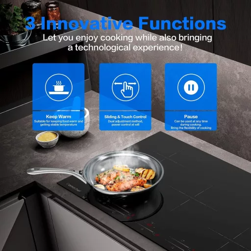 AMZCHEF Vstavaná indukčná varná doska 5 zónová 7400W Čierna sklokeramická s funkciou Booster a časovačom