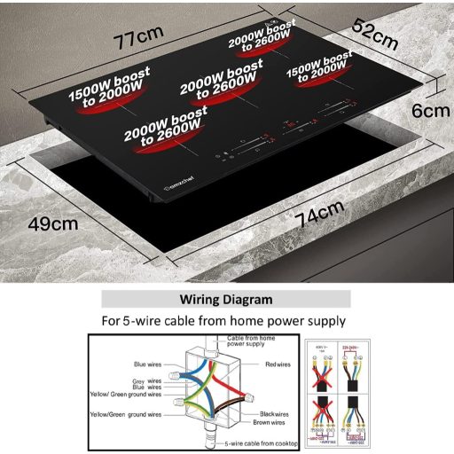AMZCHEF Beépíthető Indukciós Főzőlap 5 Zónás 7400W Fekete Üvegkerámia Booster Funkcióval és Időzítővel