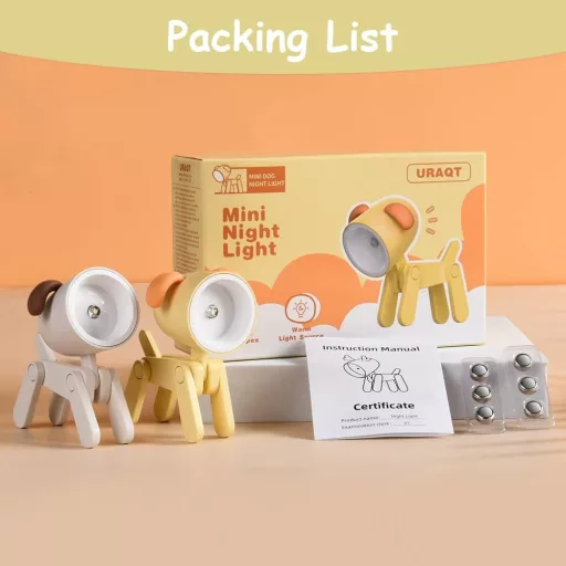 URAQT Roztomilá LED nočná lampička pre deti v tvare psíka - 2 ks, nastaviteľná, prenosná (béžová + žltá)