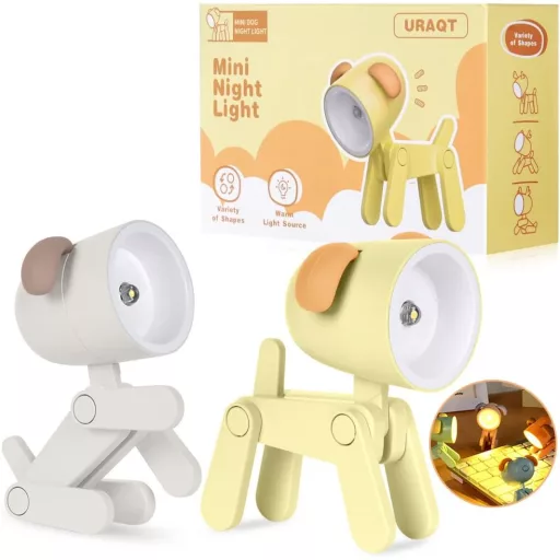 URAQT Roztomilá LED nočná lampička pre deti v tvare psíka - 2 ks, nastaviteľná, prenosná (béžová + žltá)