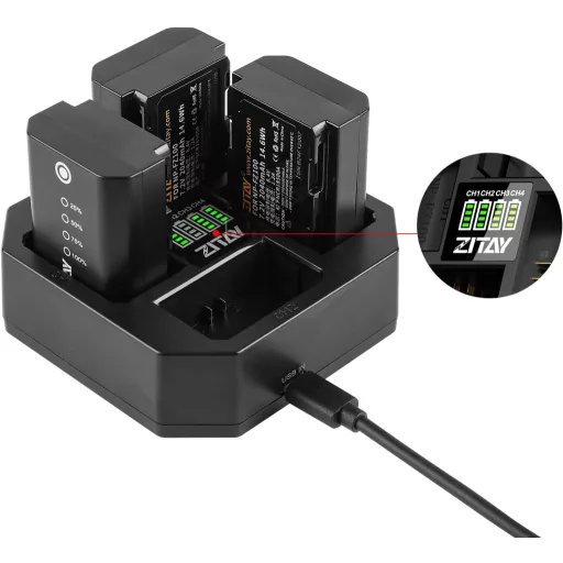 ZITAY NP-FZ100 4-kanálová PD Rýchlonabíjačka pre fotoaparáty Sony Alpha A7III A7RIII A9 A7C A6600 - Kompaktná nabíjačka batérií s displejom