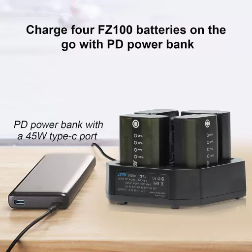 ZITAY NP-FZ100 4-Csatornás PD Gyorstöltő Sony Alpha A7III A7RIII A9 A7C A6600 Fényképezőgépekhez - Kompakt Akkumulátortöltő Kijelzővel