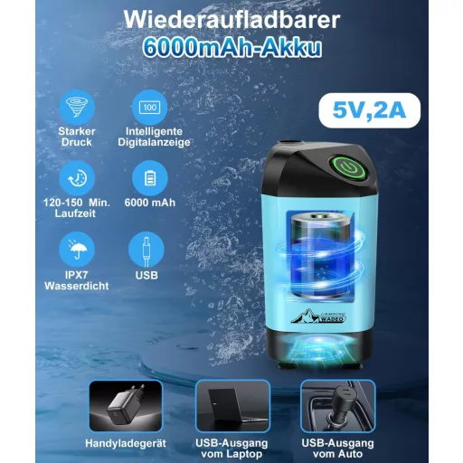 Duș de camping portabil WADEO cu baterie și pompă, duș exterior reîncărcabil cu acumulator de 6000-8000mAh