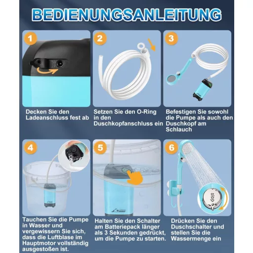Duș de camping portabil WADEO cu baterie și pompă, duș exterior reîncărcabil cu acumulator de 6000-8000mAh