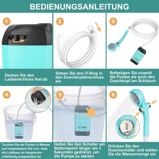 Duș de camping portabil WADEO cu baterie și pompă, duș exterior reîncărcabil cu acumulator de 6000-8000mAh