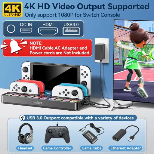 Tokluck Switch dokkoló OLED-hez 4K HDMI-vel, Joycon töltővel és játéktárolóval