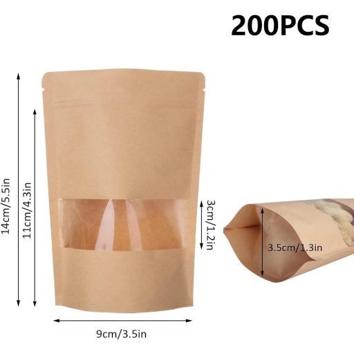 SENENQU 200 db Papírzacskó Ablakkal, 9x14 cm Álló Kraft Tasak Élelmiszerhez és Dióhoz